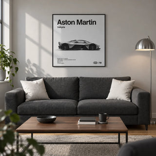 Track Hypercar Poster, framed on the wall of a modern living room in a young car enthusiast's UK first flat (22-28)