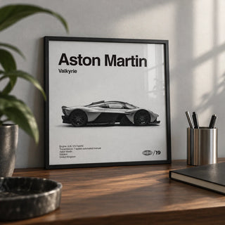 Track Hypercar Poster, a small A4 framed print leaning on a walnut desk