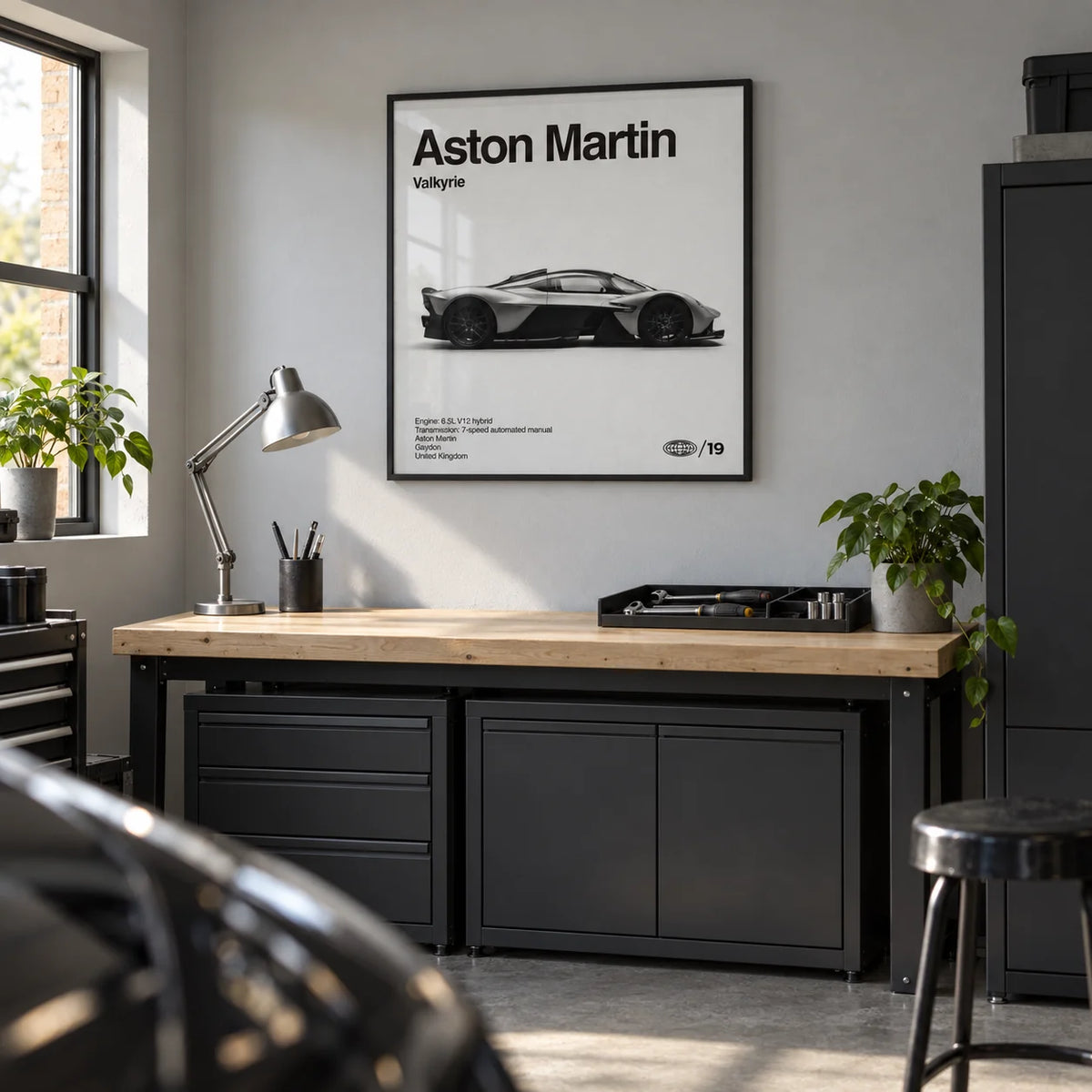 Track Hypercar Poster, framed on the wall of a tidy converted garage hobby room in a UK suburban home