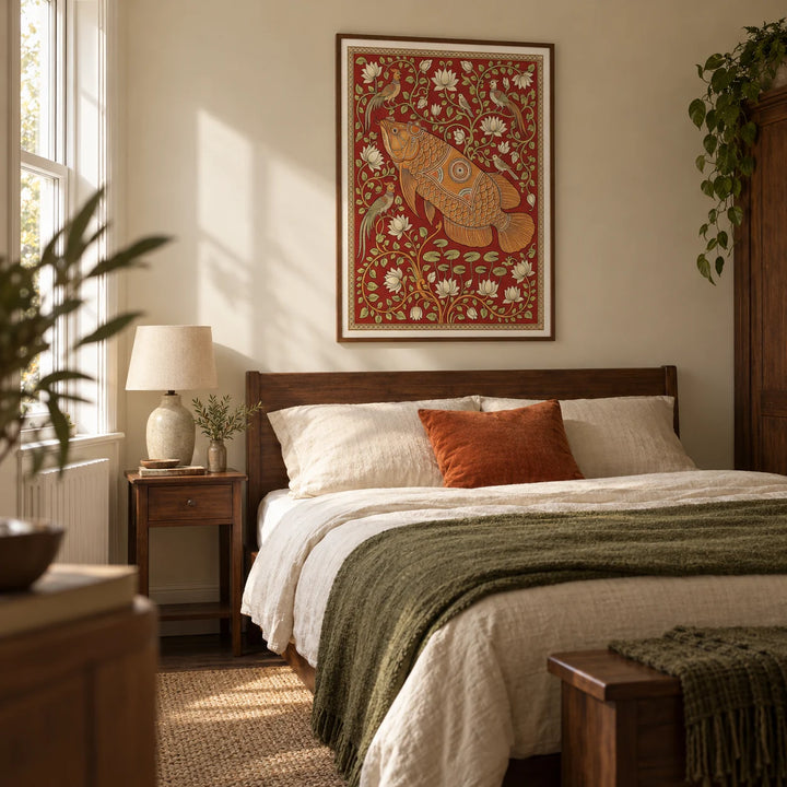 Traditional Indian Wall Art, framed on the wall of a calm adult bedroom in a British terraced house with warm cream walls and simple dark wooden furniture