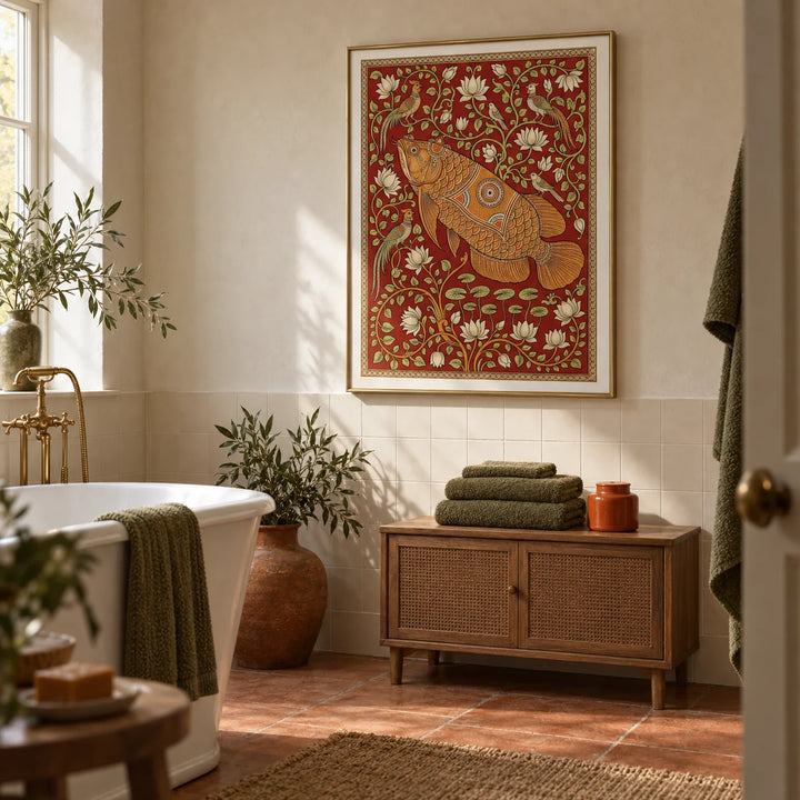 Traditional Indian Wall Art, framed on the wall of a characterful bathroom in a renovated British terrace with cream lime plaster above plain cream tiles