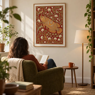 Traditional Indian Wall Art, framed on the wall of a quiet reading alcove in a British flat with a warm cream wall and an oak floor in a living room