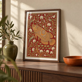 Traditional Indian Wall Art, a small A4 framed print leaning on a walnut side table in a hallway