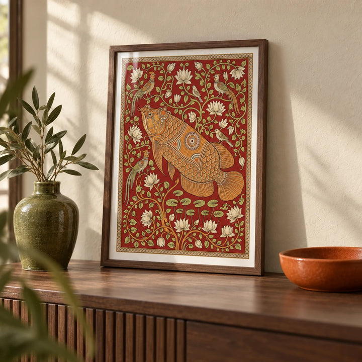 Traditional Indian Wall Art, a small A4 framed print leaning on a walnut side table in a hallway