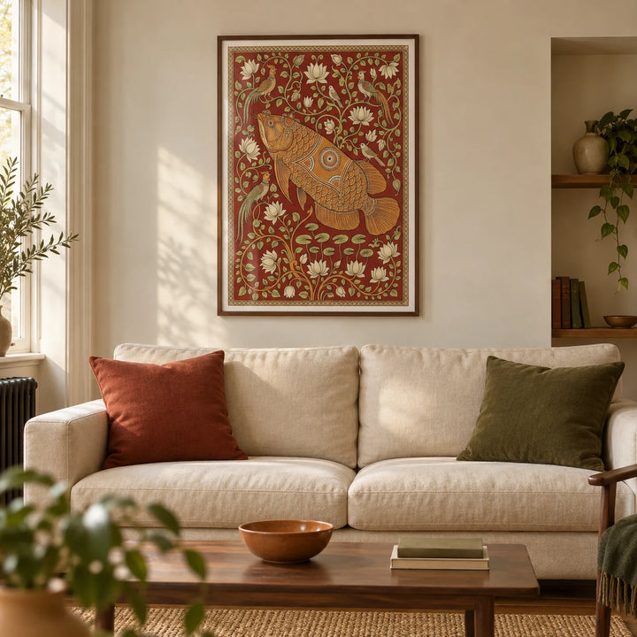 Traditional Indian Wall Art, framed on the wall of a warm living room in a British Victorian terrace with cream plaster walls