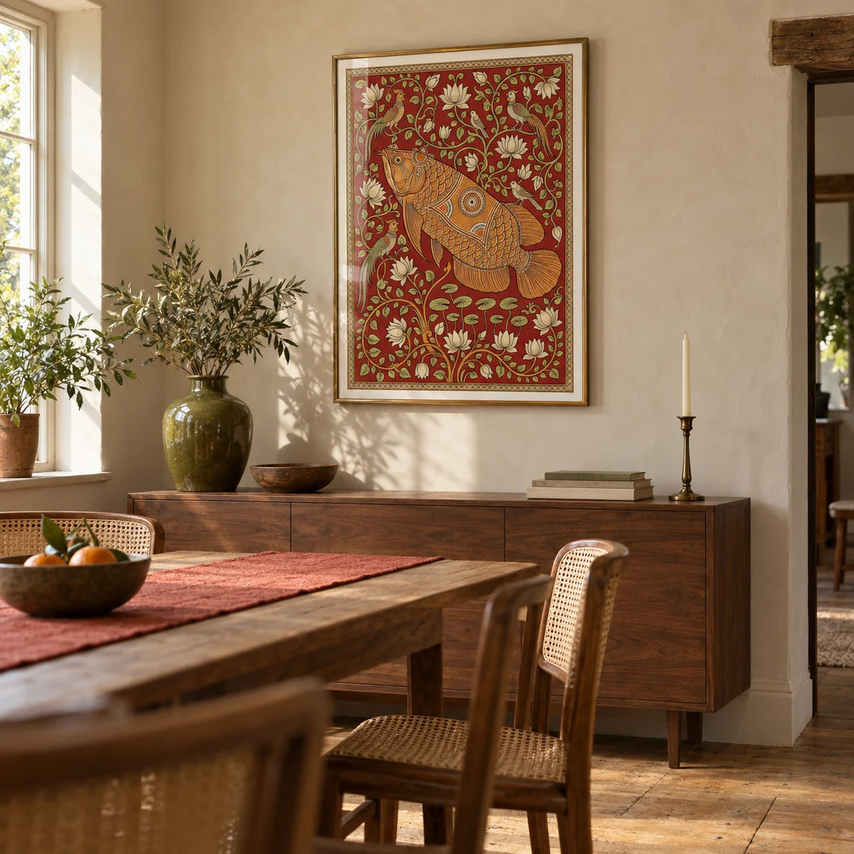 Traditional Indian Wall Art, framed on the wall of a welcoming dining room in a characterful UK home with pale warm plaster walls and stripped timber floorboards