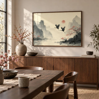 Traditional Ink Wall Art, framed on the wall of a calm dining room