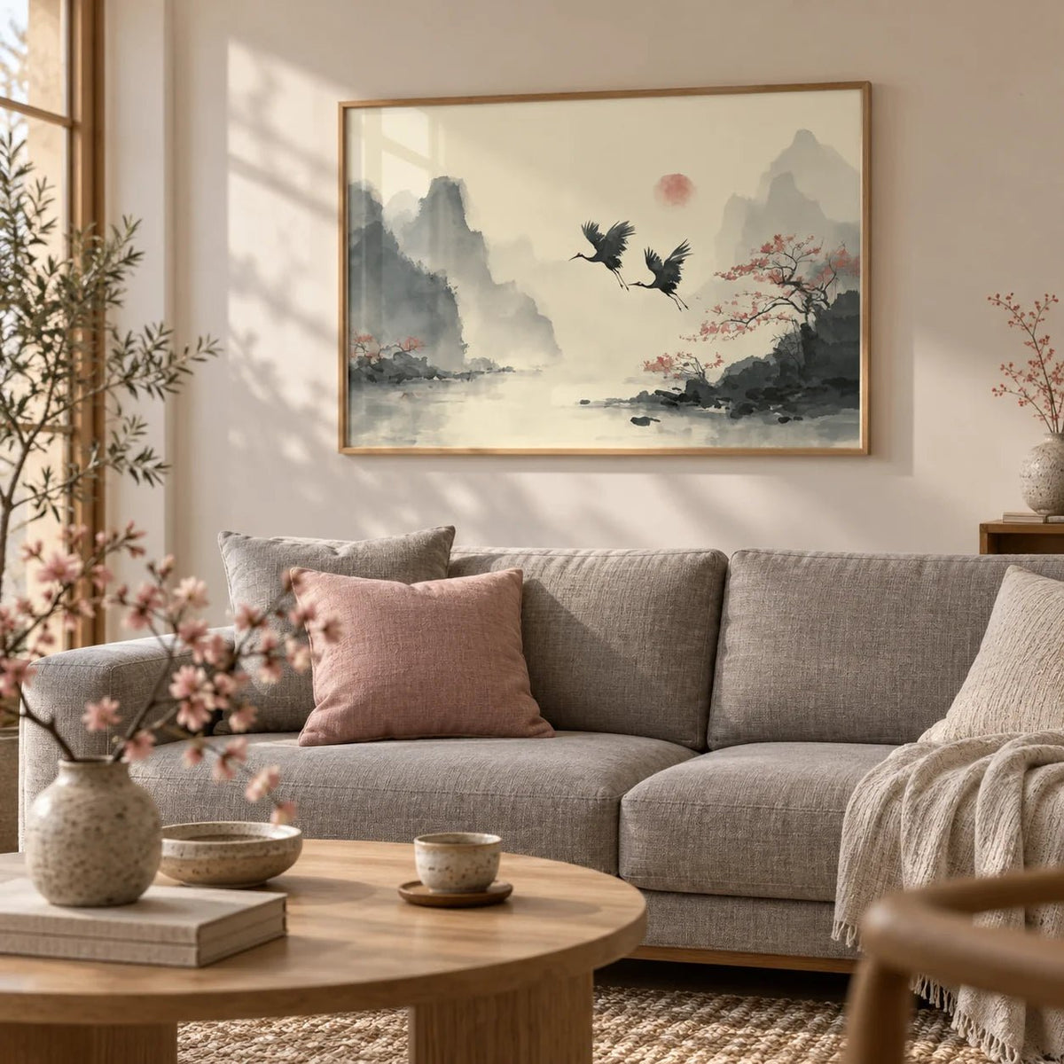 Traditional Ink Wall Art, framed on the wall of a calm Japandi living room