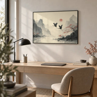 Traditional Ink Wall Art, framed on the wall of a minimal home office