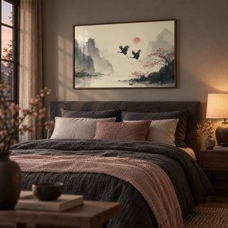 Traditional Ink Wall Art, framed on the wall of a moody bedroom with a warm grey wall