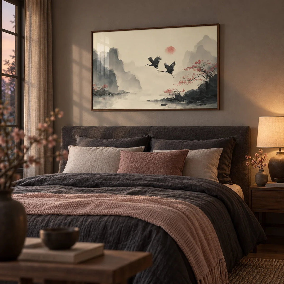 Traditional Ink Wall Art, framed on the wall of a moody bedroom with a warm grey wall