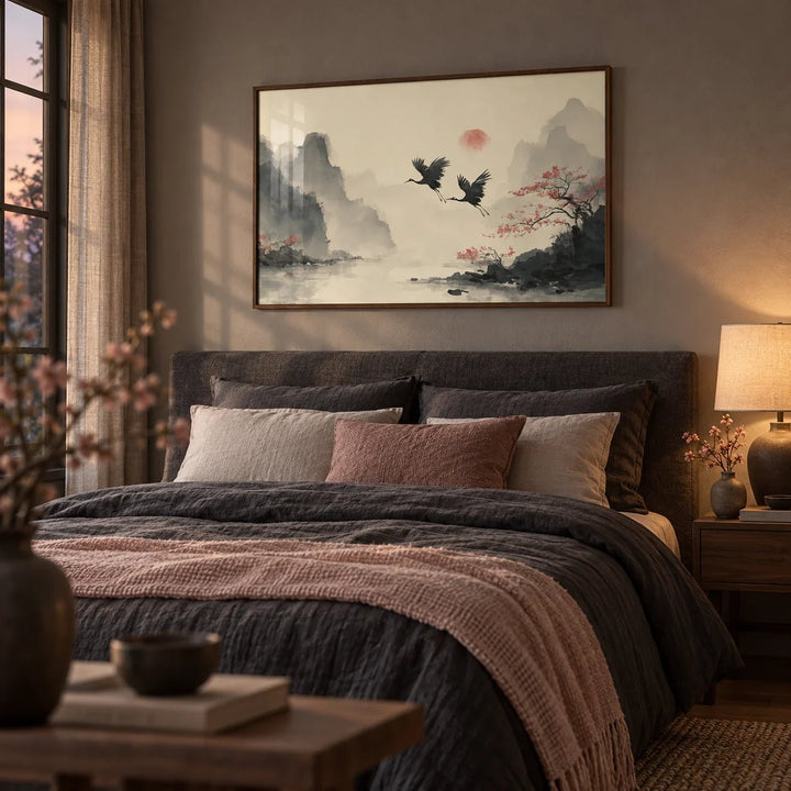 Traditional Ink Wall Art, framed on the wall of a moody bedroom with a warm grey wall