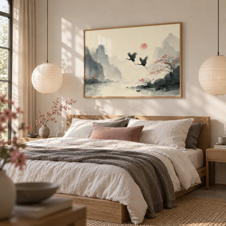 Traditional Ink Wall Art, framed on the wall of a serene bedroom