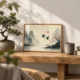 Traditional Ink Wall Art, a small A4 framed print leaning on a low oak bench in a living room