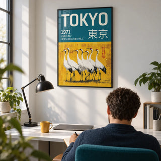 Traditional Japanese Crane Art, framed on the wall of a crisp home office