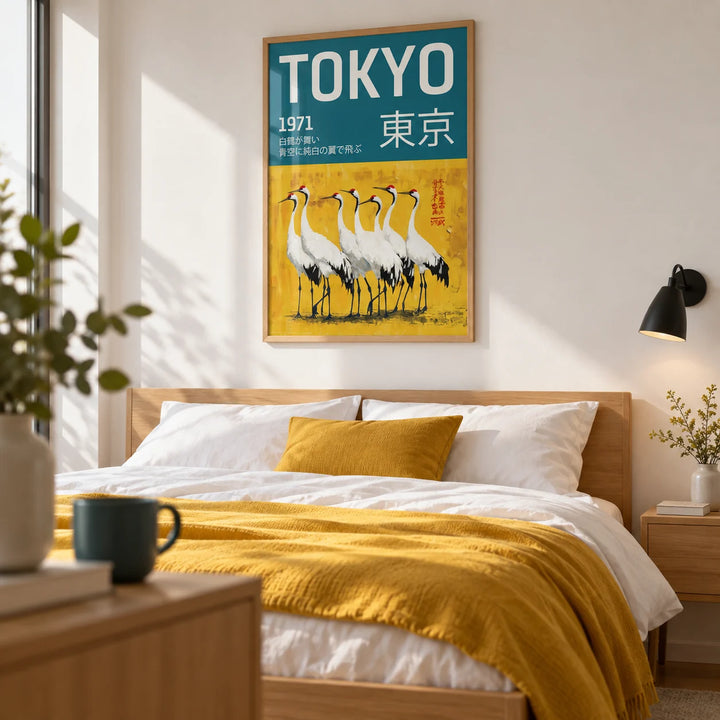 Traditional Japanese Crane Art, framed on the wall of a crisp modern bedroom with a white wall