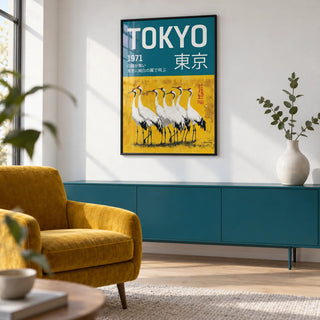 Traditional Japanese Crane Art, framed on the wall of a design-led city-flat living room with crisp white walls and pale oak floorboards