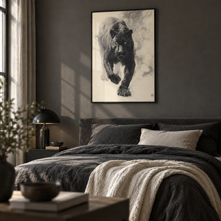 Traditional Japanese Ink Art, framed on the wall of a calm grown-up bedroom with a plain dark grey wall