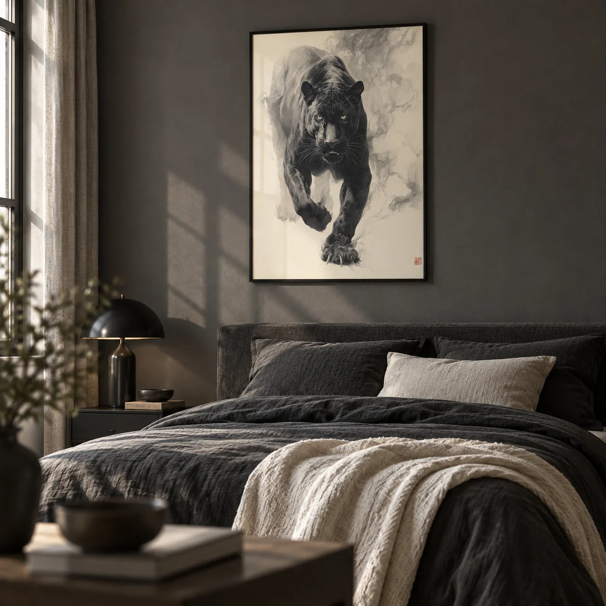 Traditional Japanese Ink Art, framed on the wall of a calm grown-up bedroom with a plain dark grey wall