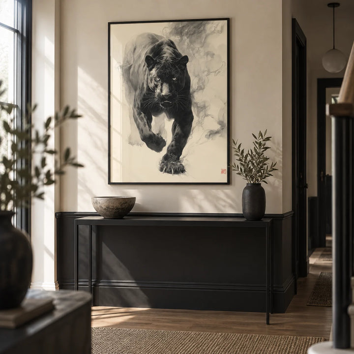 Traditional Japanese Ink Art, framed on the wall of a modern hallway with a plain black lower wall and a cream upper wall