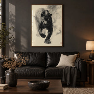 Traditional Japanese Ink Art, framed on the wall of a moody modern living room with a plain charcoal wall and a dark oak floor