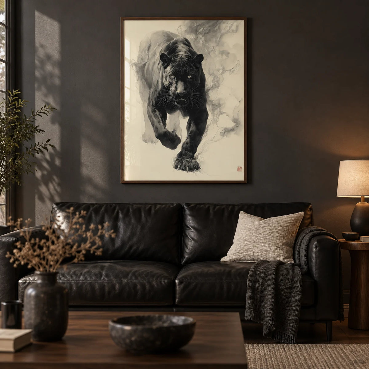 Traditional Japanese Ink Art, framed on the wall of a moody modern living room with a plain charcoal wall and a dark oak floor