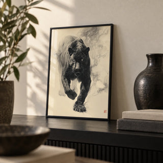 Traditional Japanese Ink Art, a small A4 framed print leaning on a black shelf in a living room