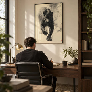 Traditional Japanese Ink Art, framed on the wall of a smart home study with a cream wall
