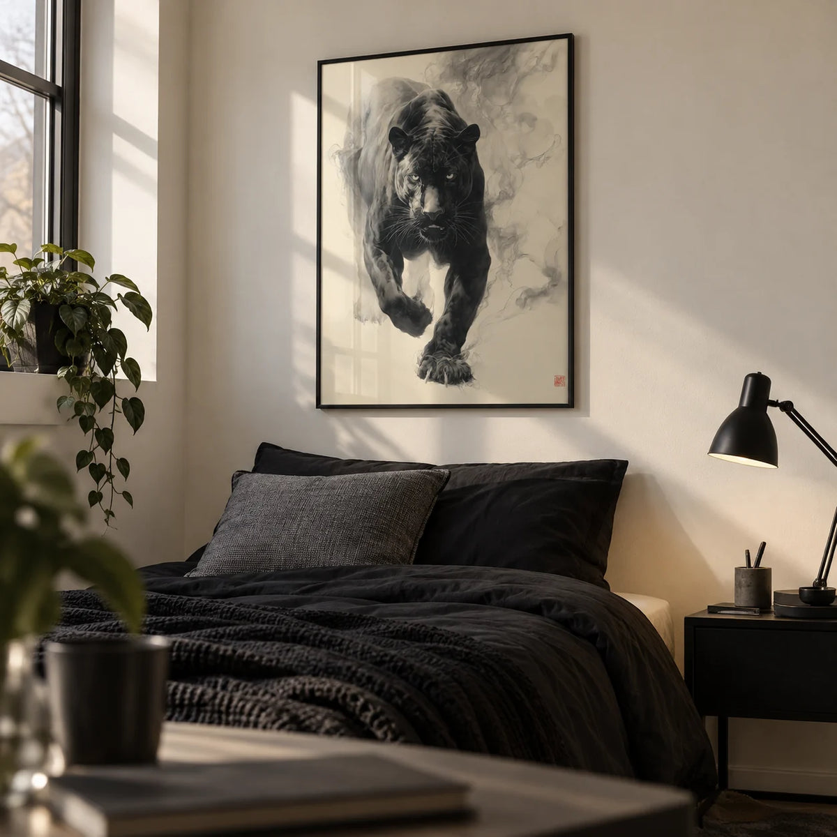 Traditional Japanese Ink Art, framed on the wall of a young adult's bedroom (17-24) with a plain cream wall