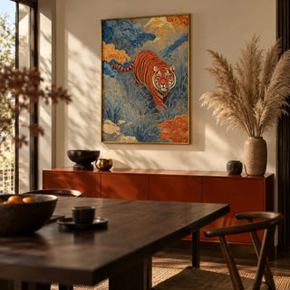 Traditional Japanese Tiger Art, framed on the wall of a dark Japanese-modern dining room