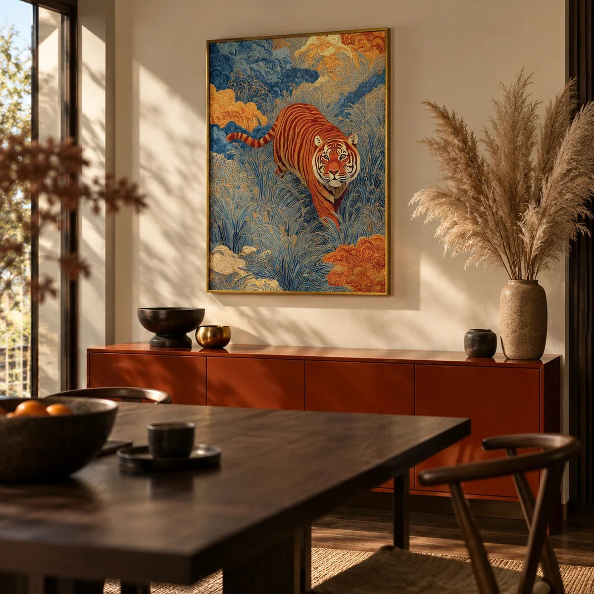 Traditional Japanese Tiger Art, framed on the wall of a dark Japanese-modern dining room