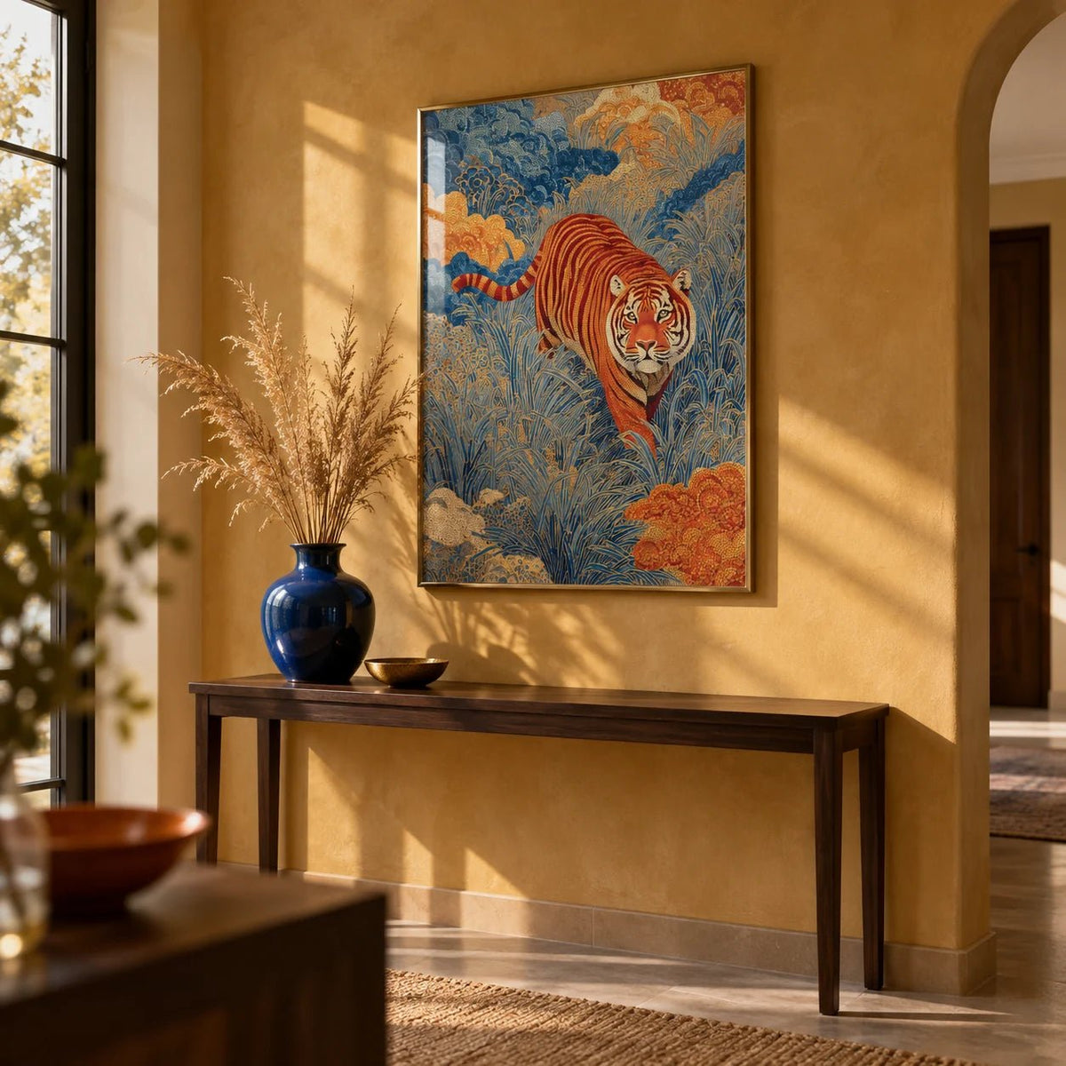 Traditional Japanese Tiger Art, framed on the wall of a hallway with a warm gold limewashed wall