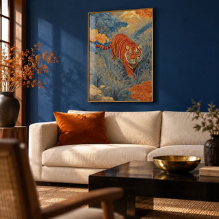 Traditional Japanese Tiger Art, framed on the wall of a rich Japanese-modern living room with a deep cobalt blue painted wall