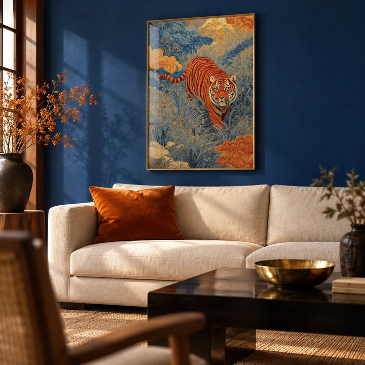 Traditional Japanese Tiger Art, framed on the wall of a rich Japanese-modern living room with a deep cobalt blue painted wall