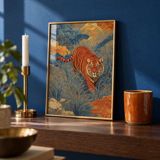 Traditional Japanese Tiger Art, a small A4 framed print leaning on a dark oak shelf in a living room