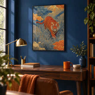 Traditional Japanese Tiger Art, framed on the wall of a study with a cobalt blue painted wall