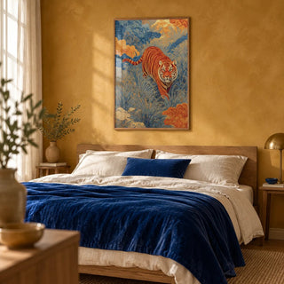 Traditional Japanese Tiger Art, framed on the wall of a warm bedroom with an ochre gold limewashed wall