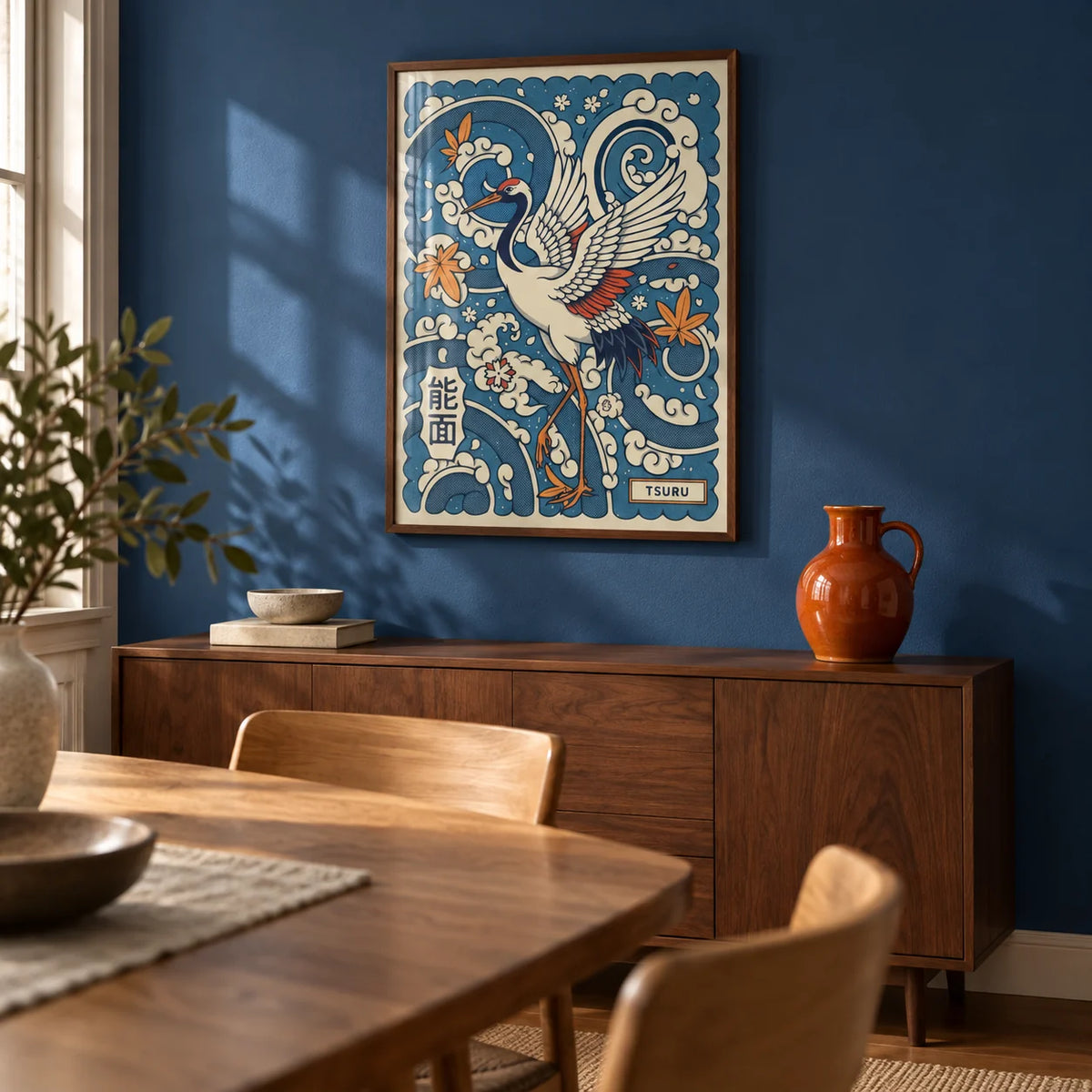 Traditional Tsuru Print, framed on the wall of a calm dining room with a cobalt blue painted wall