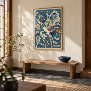 Traditional Tsuru Print, framed on the wall of a Japanese-style entrance hall with a cream plaster wall