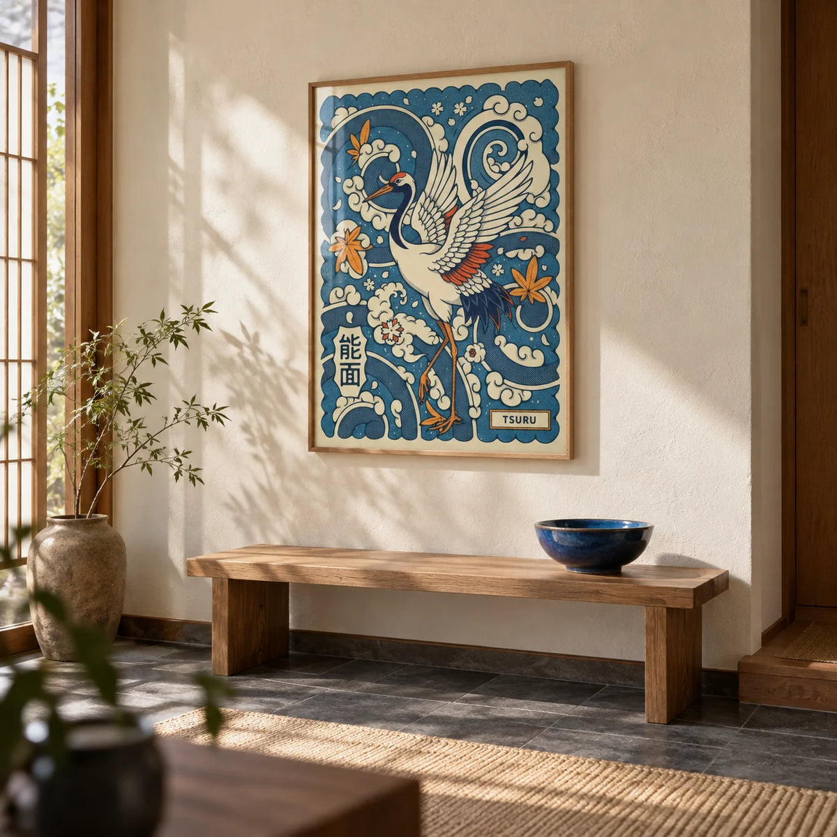 Traditional Tsuru Print, framed on the wall of a Japanese-style entrance hall with a cream plaster wall
