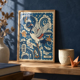 Traditional Tsuru Print, a small A4 framed print leaning on an oak shelf in a living room