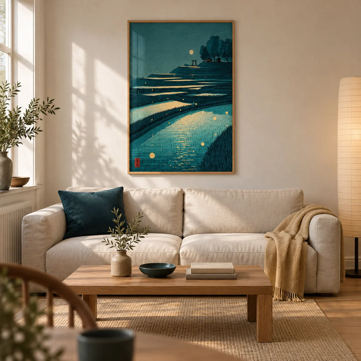 Tranquil Rice Field Poster, framed on the wall of a calm Japandi living room in a UK terrace with warm white plaster walls and an oak floor