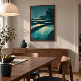 Tranquil Rice Field Poster, framed on the wall of a compact contemporary dining room in a UK flat with pale warm grey walls and a walnut dining table