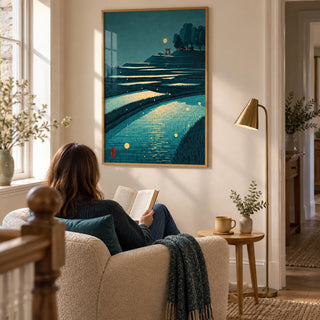 Tranquil Rice Field Poster, framed on the wall of a quiet reading corner on a spacious landing in a UK home with warm white walls in a living room
