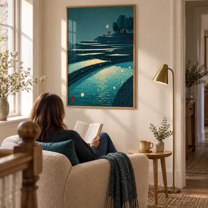 Tranquil Rice Field Poster, framed on the wall of a quiet reading corner on a spacious landing in a UK home with warm white walls in a living room