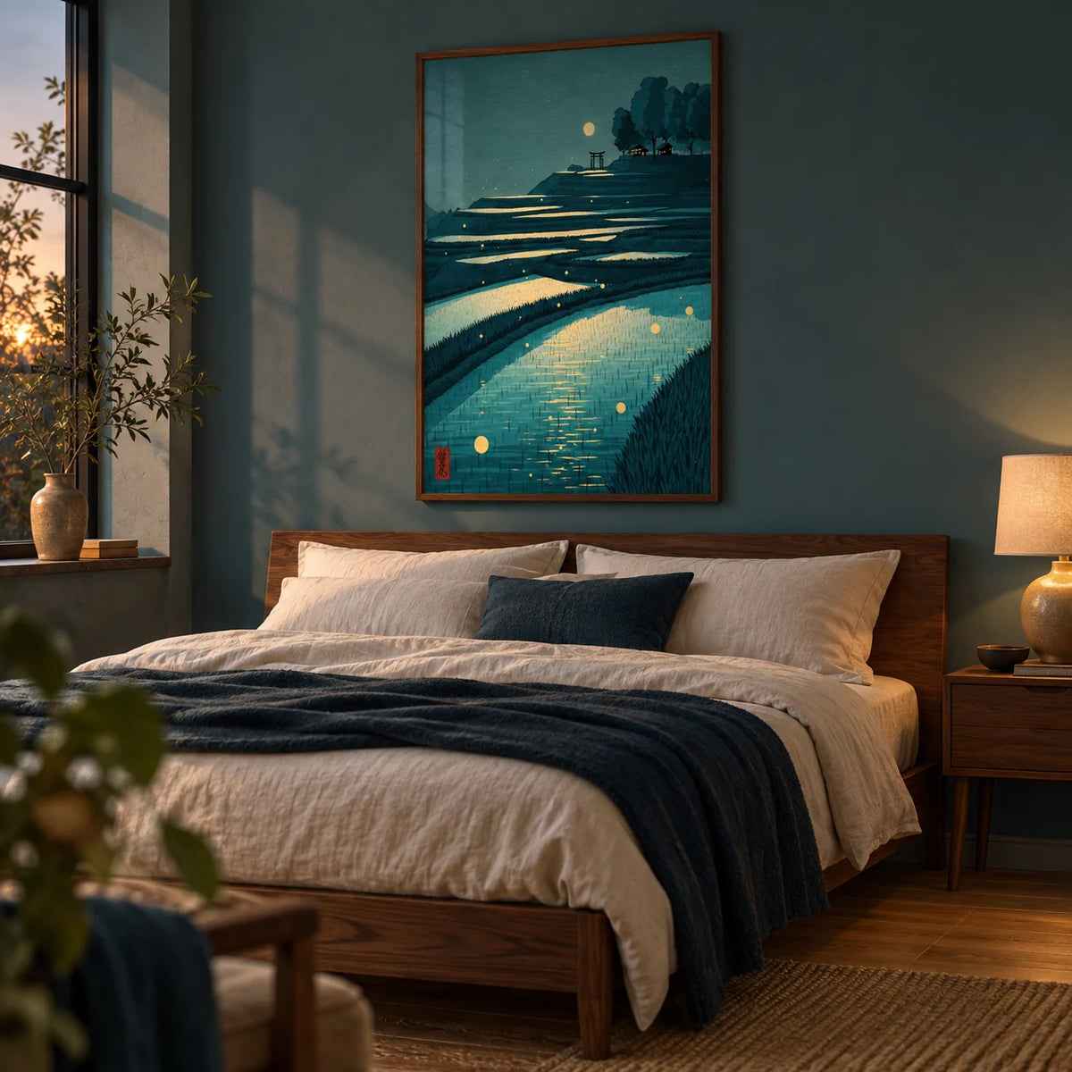Tranquil Rice Field Poster, framed on the wall of a restful adult bedroom with a muted teal wall and warm oak floorboards