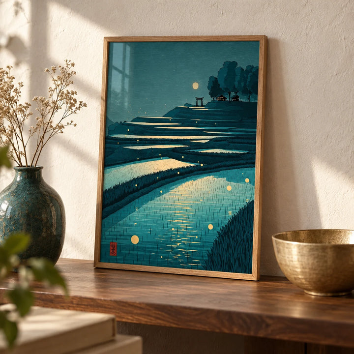 Tranquil Rice Field Poster, a small A4 framed print leaning on a walnut shelf in a living room