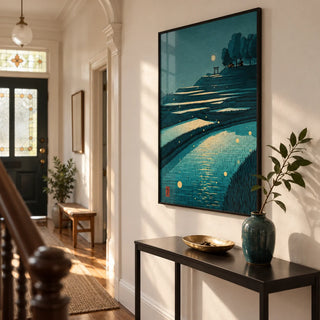 Tranquil Rice Field Poster, framed on the wall of a welcoming hallway in a Victorian terrace with warm white walls and restored timber floorboards