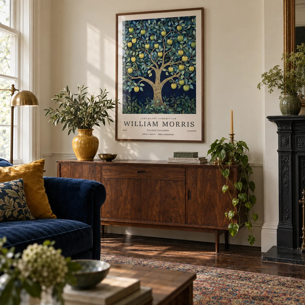 Tree Art Print, framed on the wall of a characterful Victorian living room with a cream wall and dark wood floor