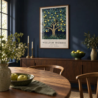 Tree Art Print, framed on the wall of a dining room with a deep navy painted wall